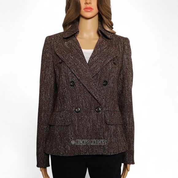 Ellen Tracy Wool Blend Brown Blue Tweed Double Breasted Blazer Jacket Size 6 - Picture 2 of 9